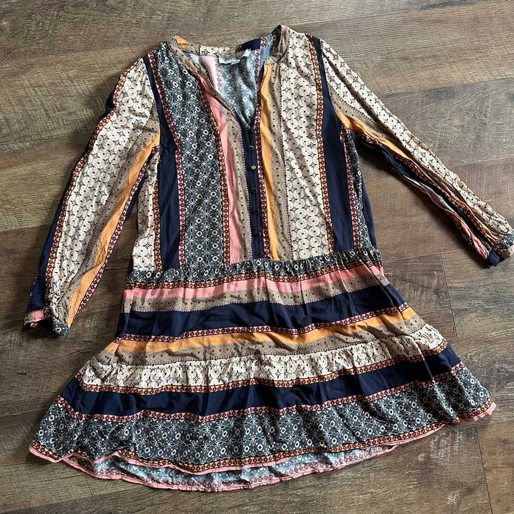 Women's LOFT Petite Long Sleeve Dress SP Navy Orange Patchwork